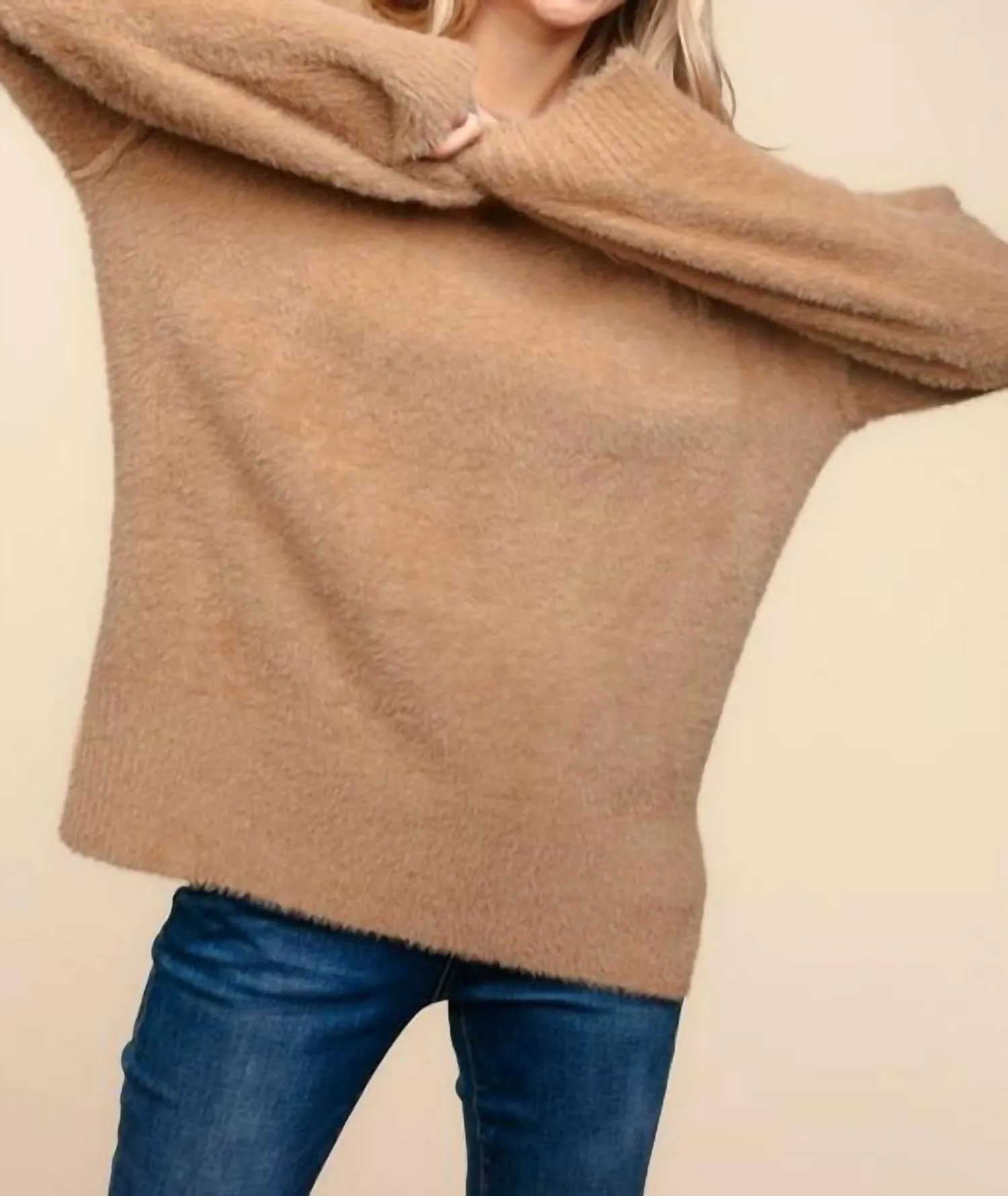 Fuzzy Round Neck Sweater In Taupe