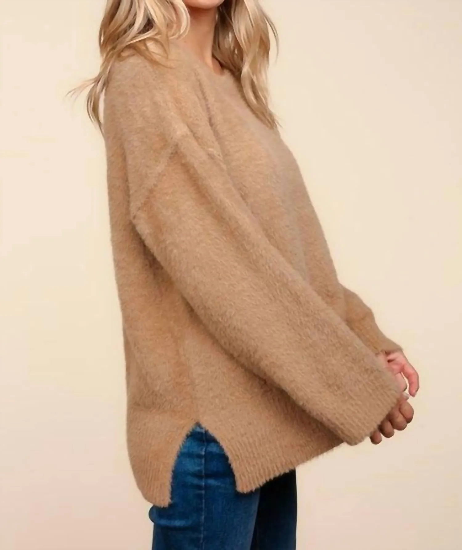 Fuzzy Round Neck Sweater In Taupe