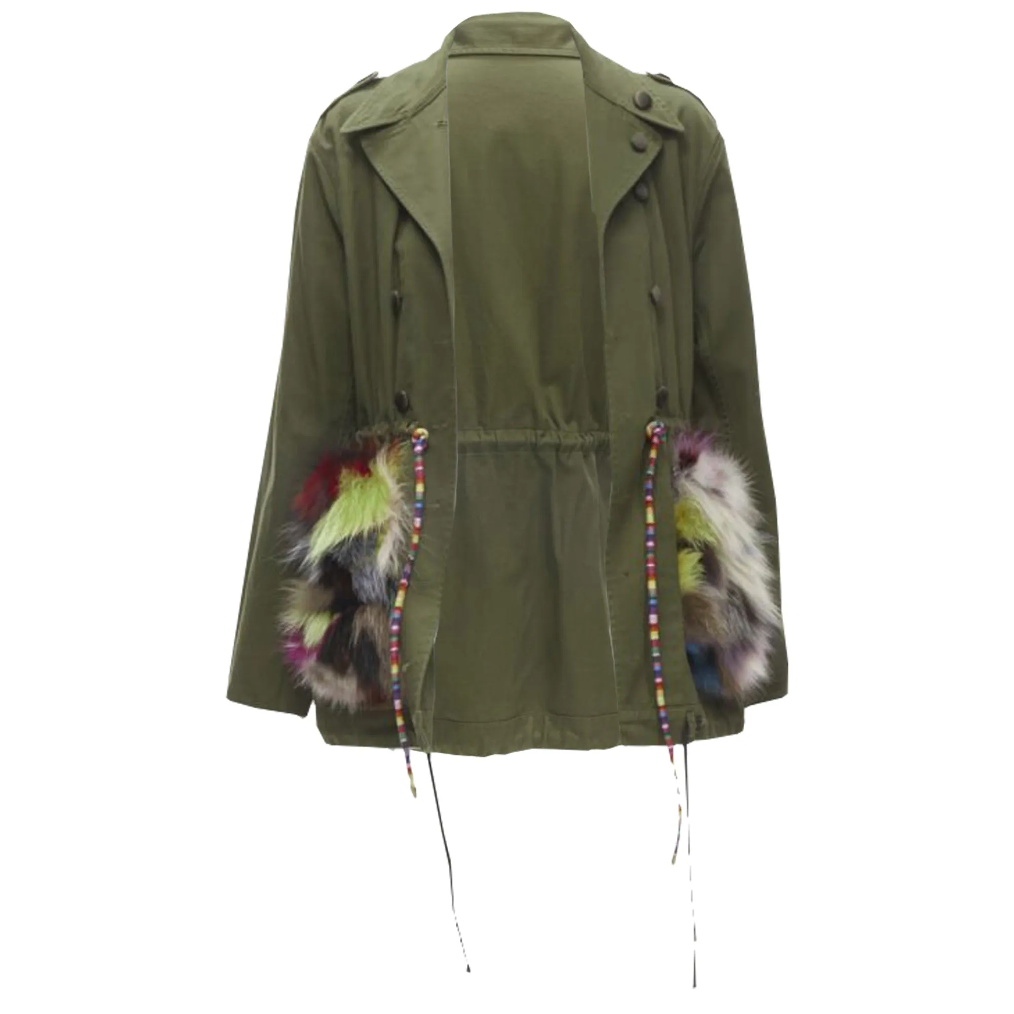 Harvey Faircloth cotton multi print fox fur pocket drawstring jacket