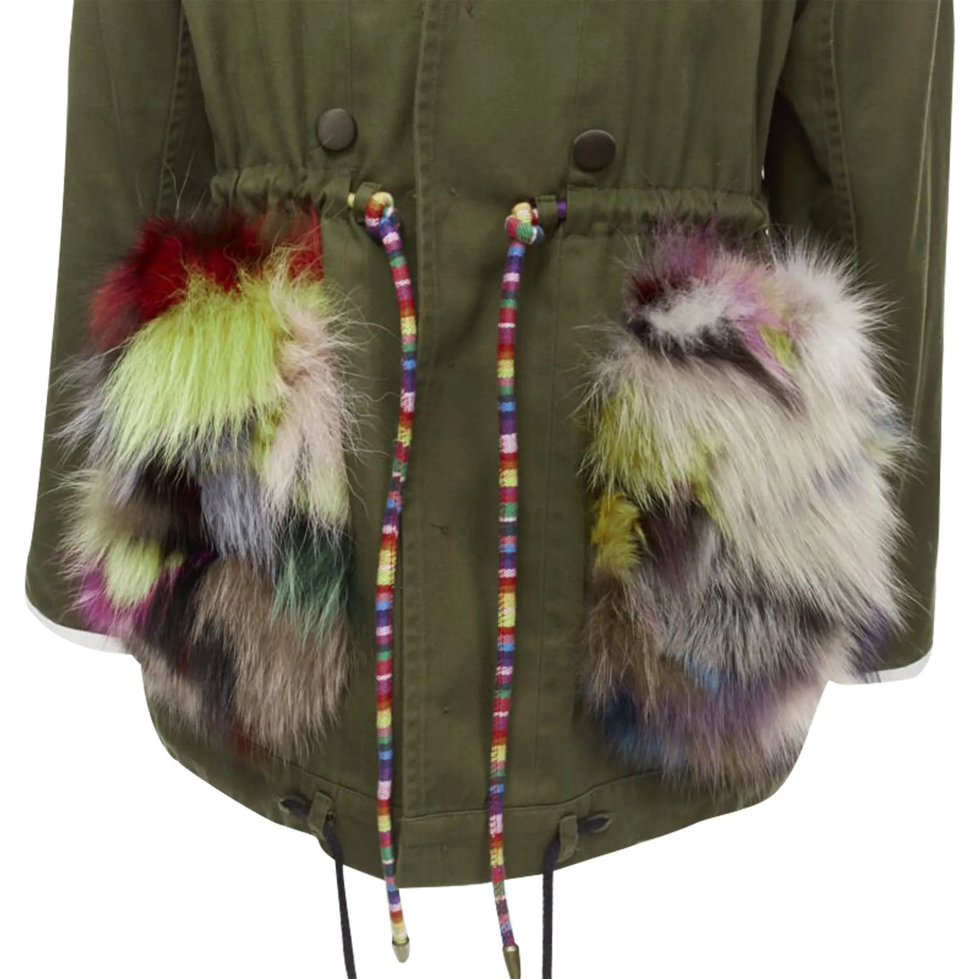 Harvey Faircloth cotton multi print fox fur pocket drawstring jacket