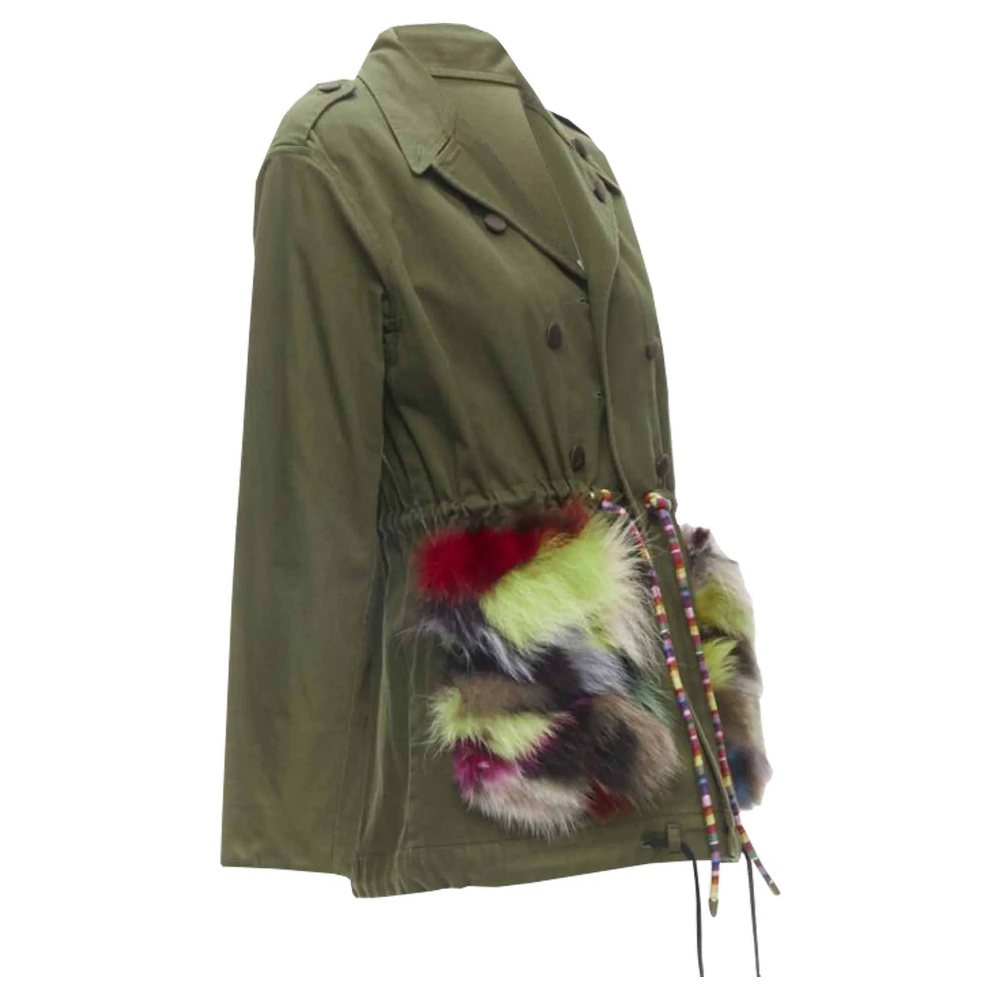 Harvey Faircloth cotton multi print fox fur pocket drawstring jacket