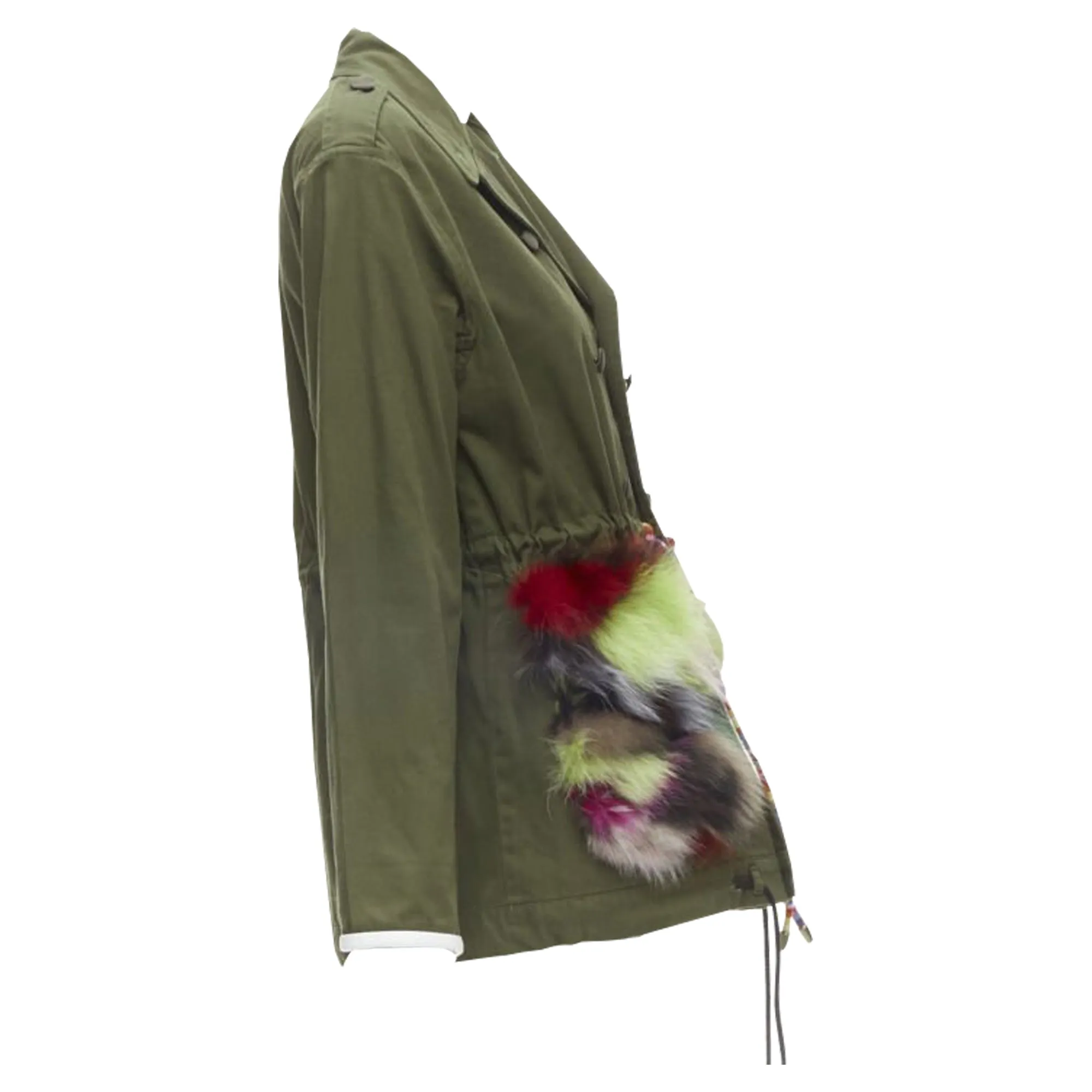 Harvey Faircloth cotton multi print fox fur pocket drawstring jacket