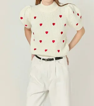 Heart Shape Embroidery Sweater In Ivory/red