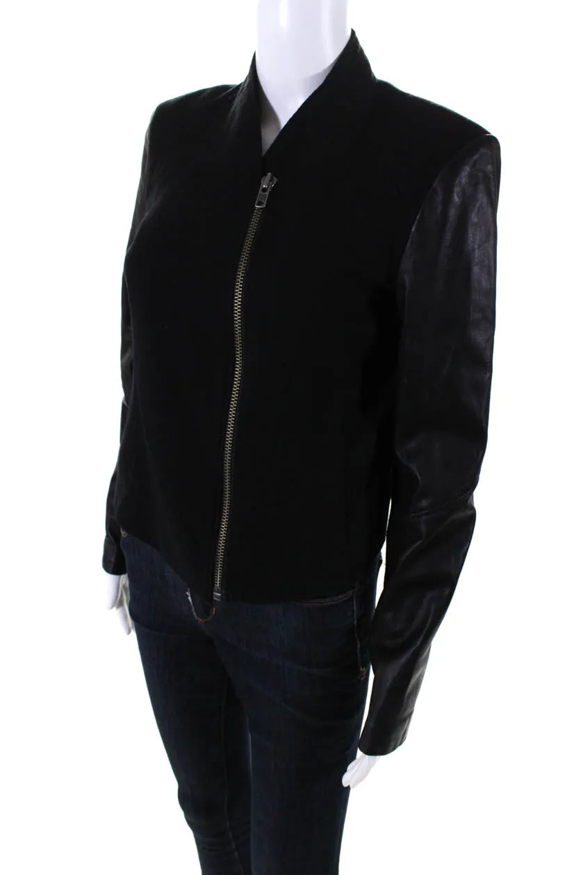 Helmut Lang Women's Long Sleeves Asymmetrical Leather Moto Jacket Black