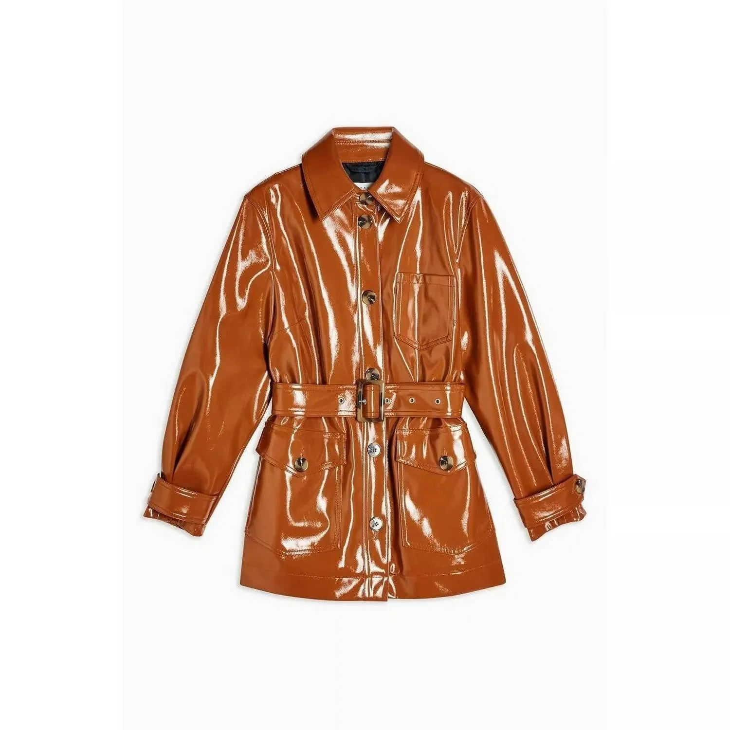 High Gloss Patent Belted Coat In Brown
