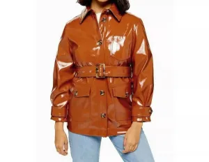 High Gloss Patent Belted Coat In Brown
