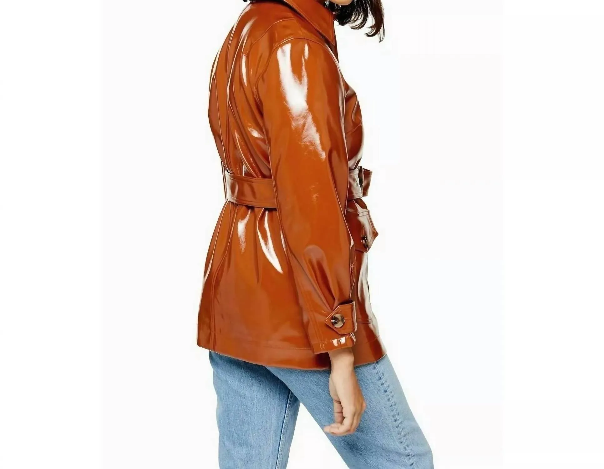 High Gloss Patent Belted Coat In Brown