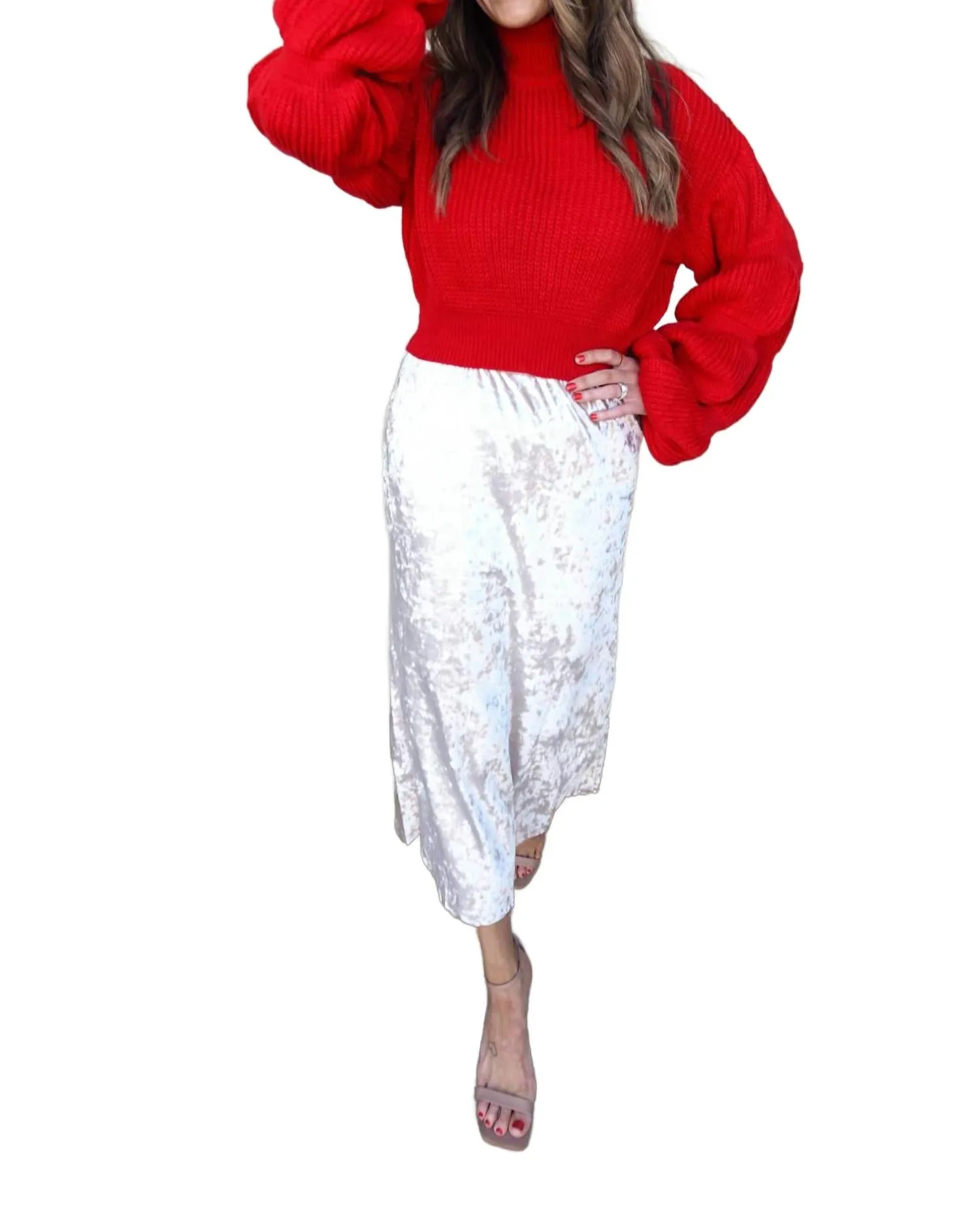 High-Neck Sweater With Textured Sleeve