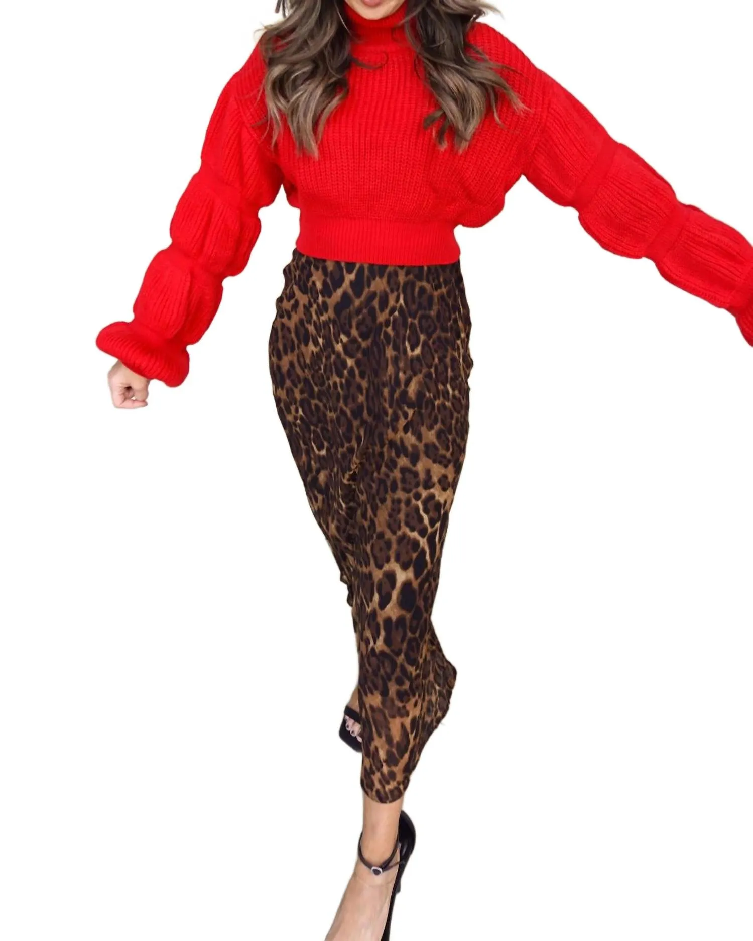 High-Neck Sweater With Textured Sleeve
