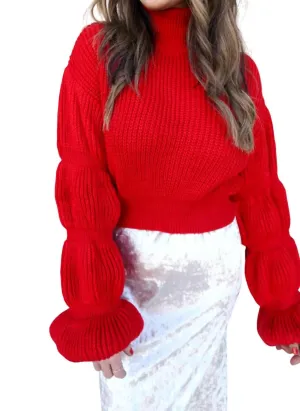 High-Neck Sweater With Textured Sleeve