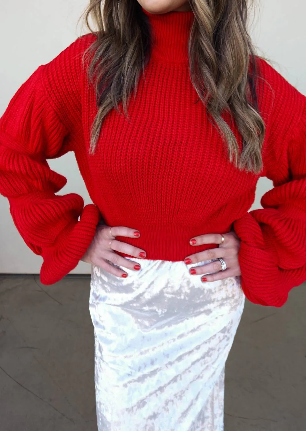 High-Neck Sweater With Textured Sleeve