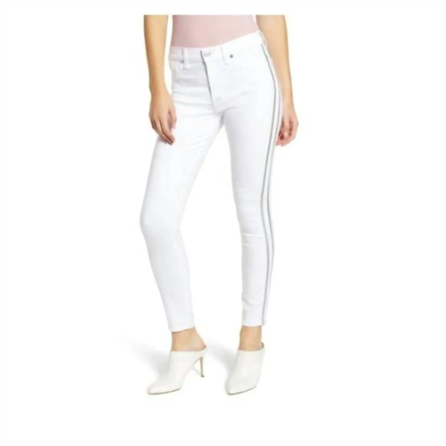 High Rise Skinny Glitter Side Stripe Jean In White