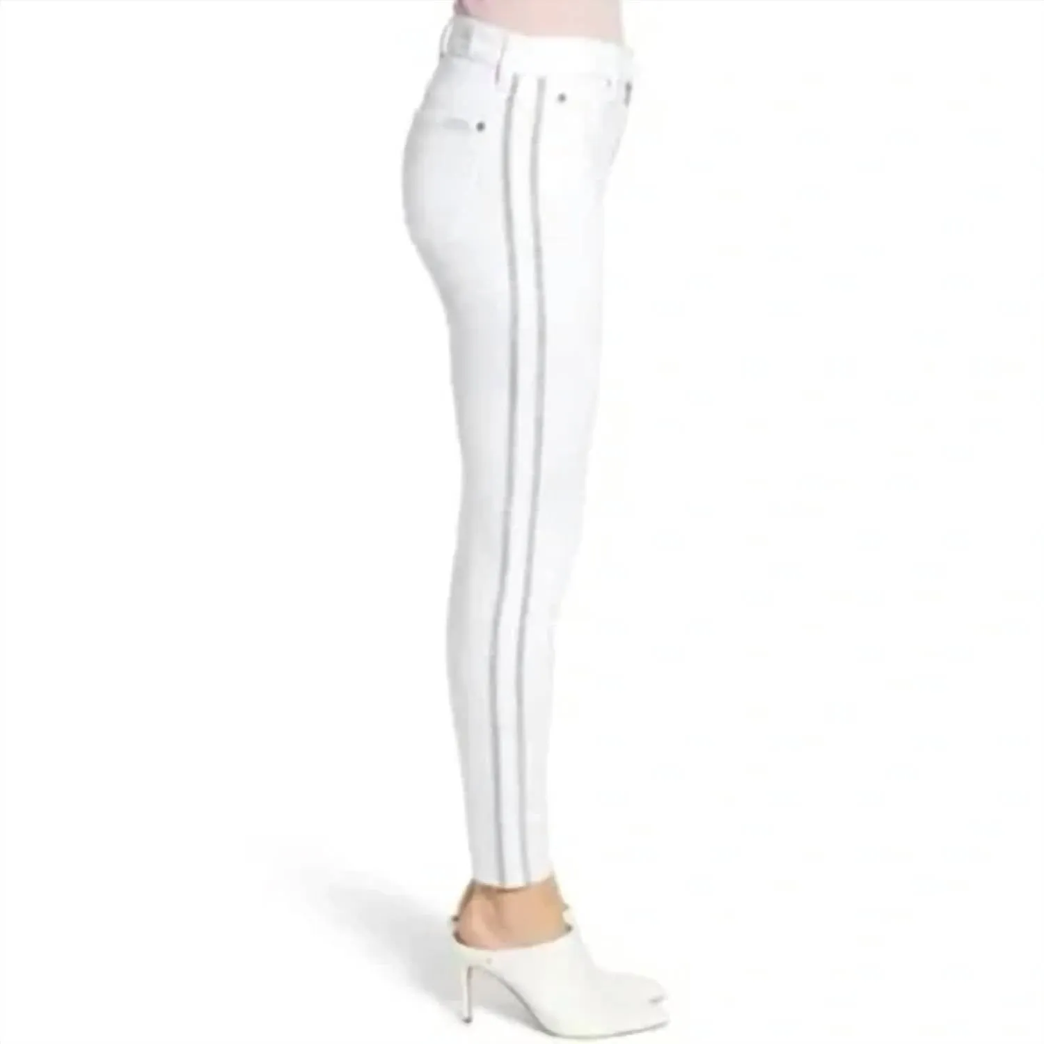 High Rise Skinny Glitter Side Stripe Jean In White