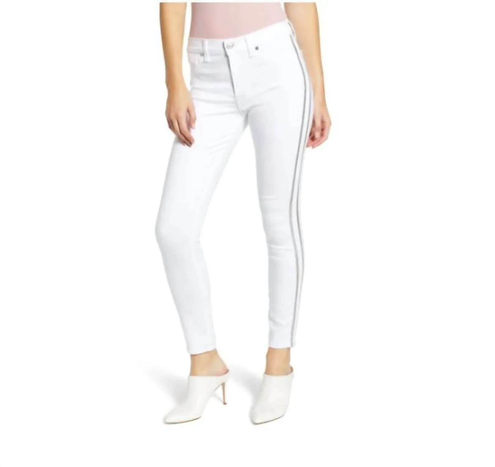High Rise Skinny Glitter Side Stripe Jean In White