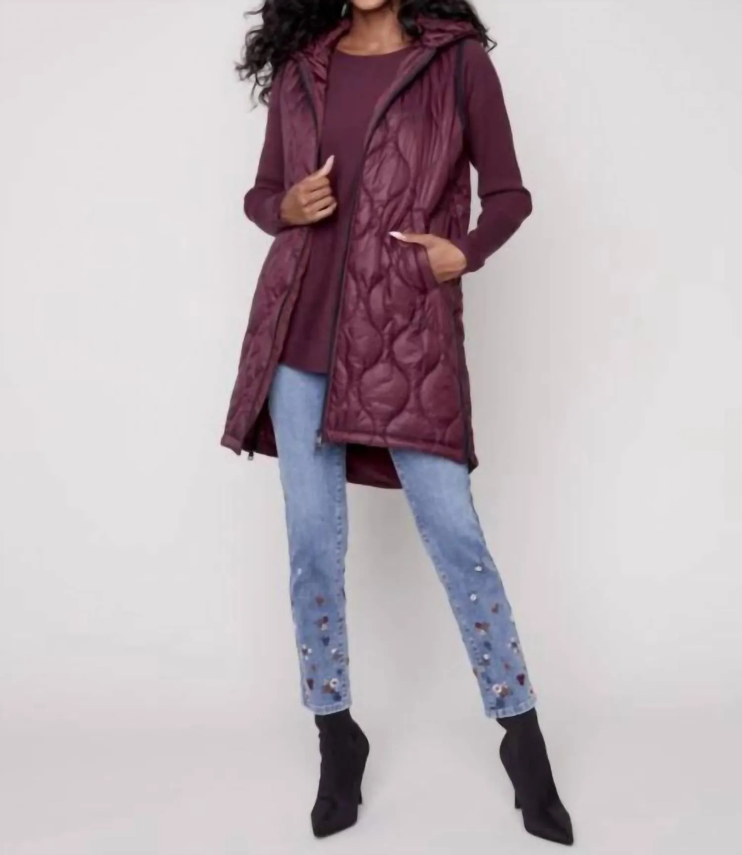 Hooded Long Sleeveless Quilted Vest W/ Pockets In Port