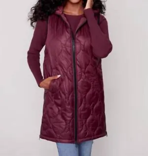 Hooded Long Sleeveless Quilted Vest W/ Pockets In Port