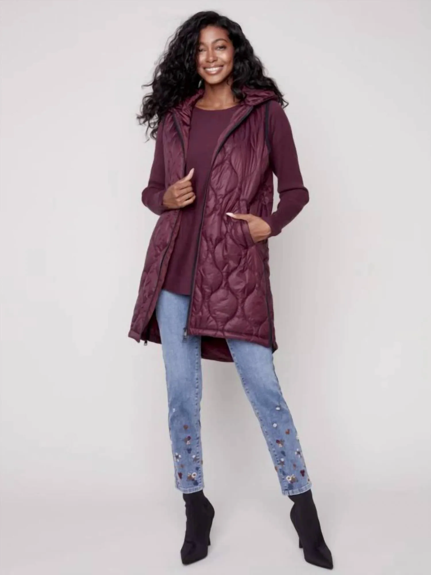 Hooded Long Sleeveless Quilted Vest W/ Pockets In Port