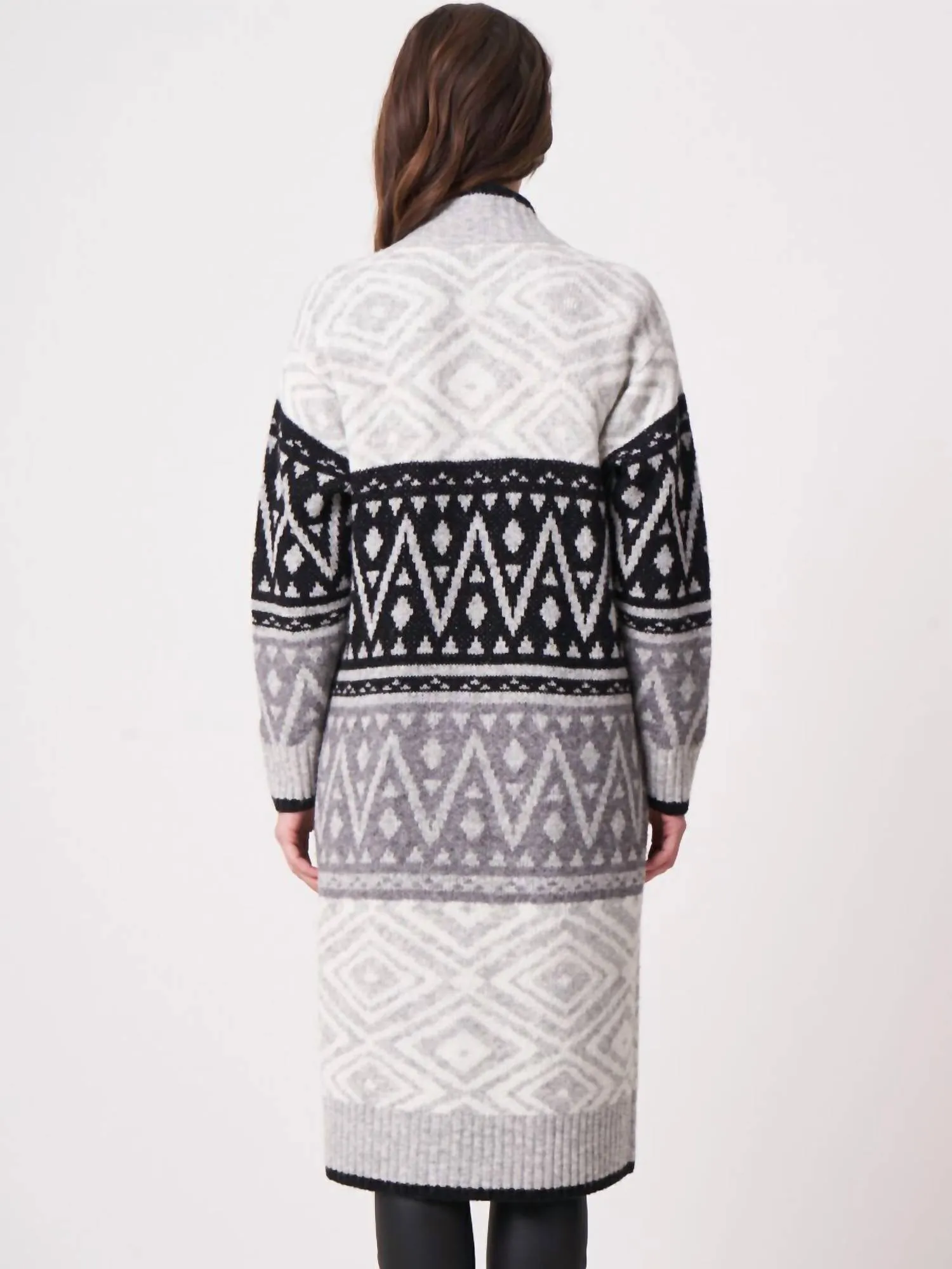 Intarsia Knitted V-Neck Cardigan In Black Creme