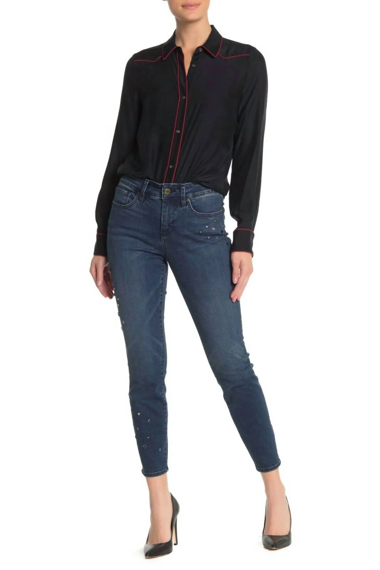 Jewel Rhinestone Embellished Skinny Jeans In Blue