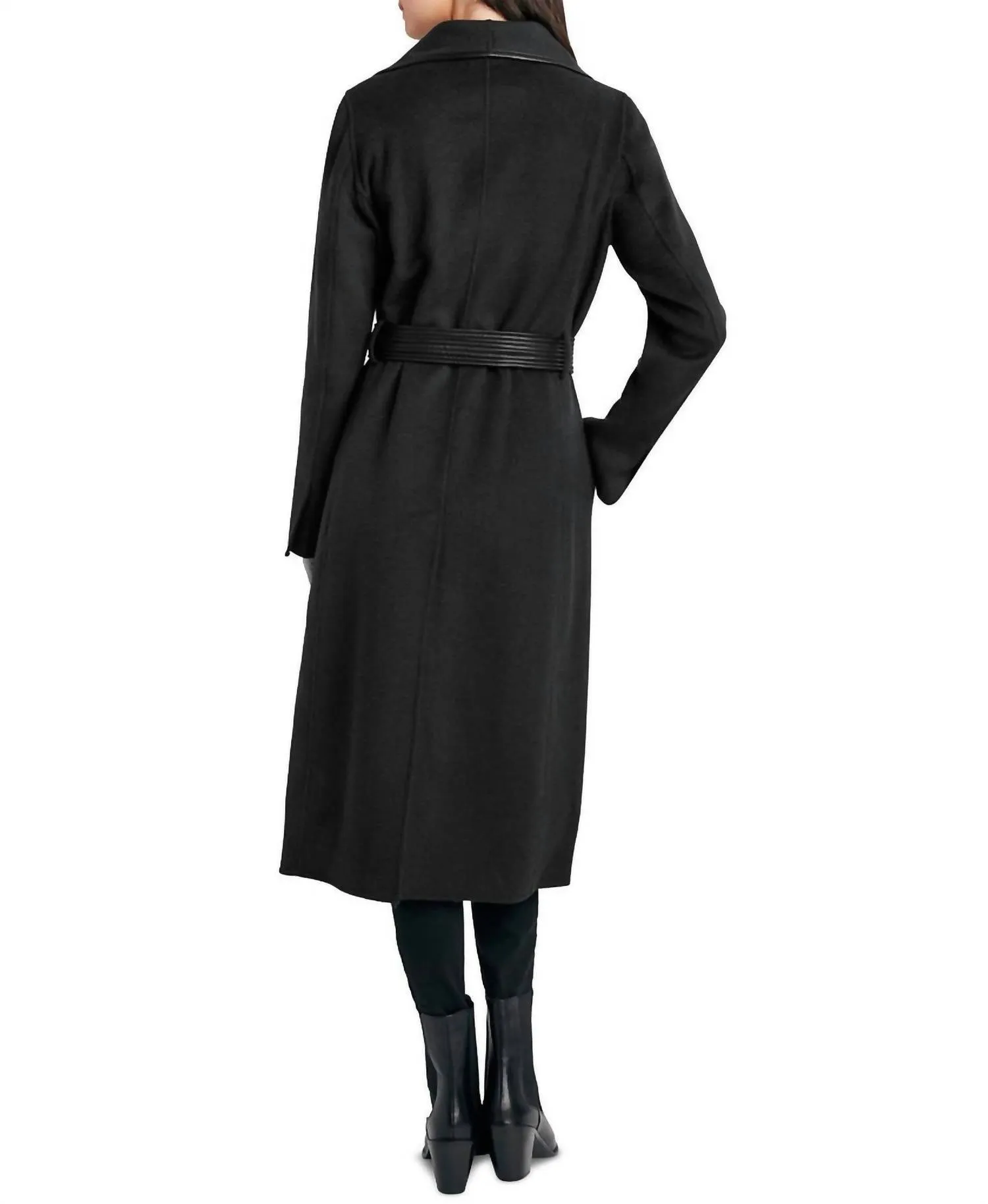 Juliette Double Face Faux Leather Trim Belted  Wool Coat Black