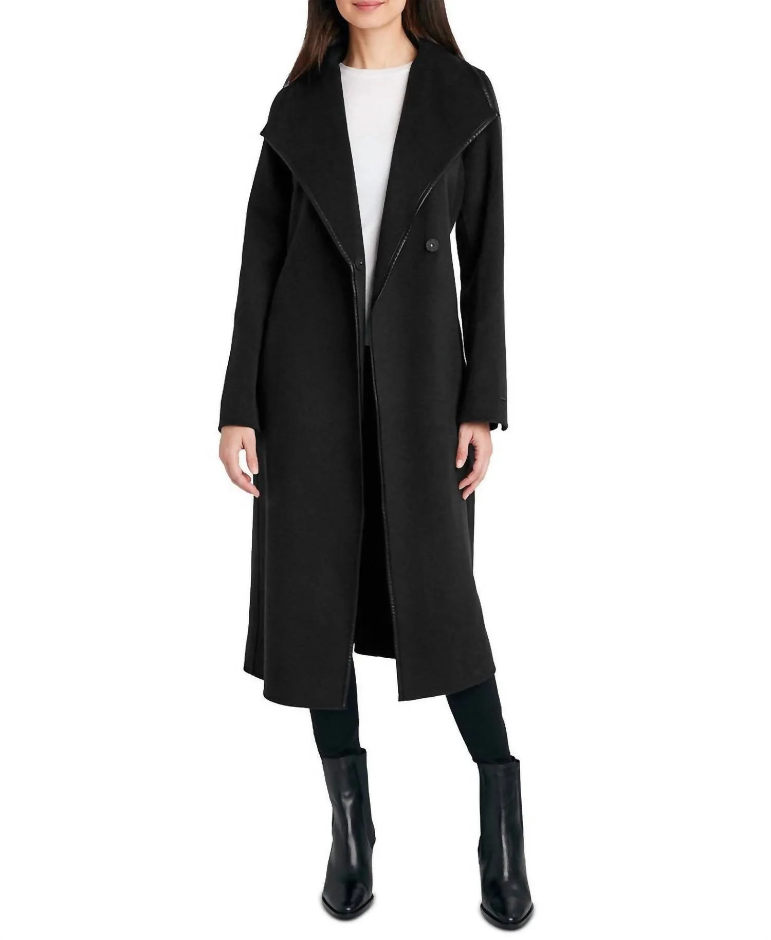 Juliette Double Face Faux Leather Trim Belted  Wool Coat Black