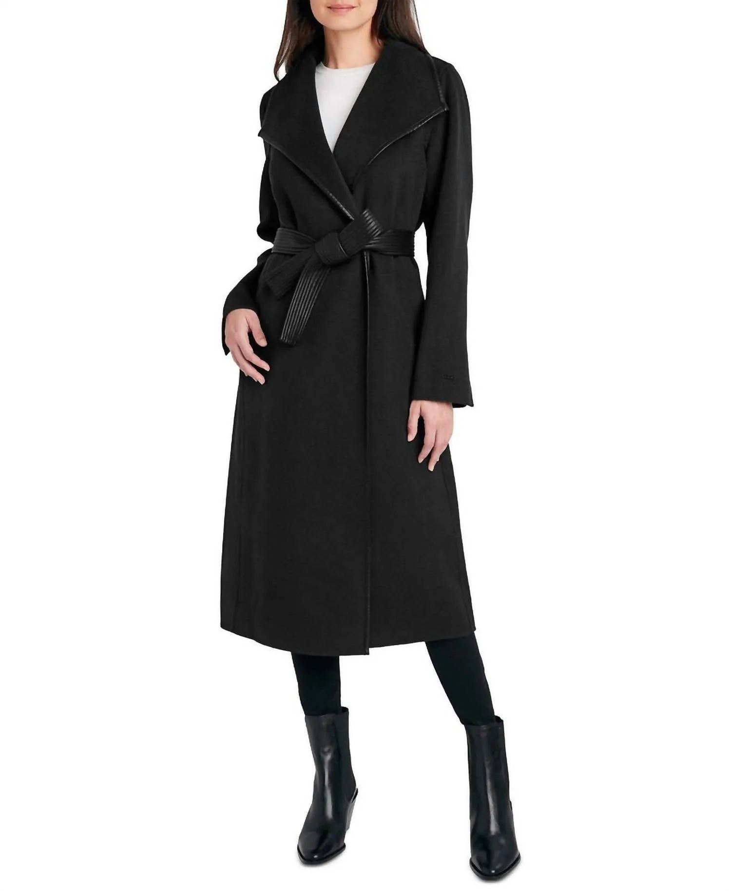 Juliette Double Face Faux Leather Trim Belted  Wool Coat Black