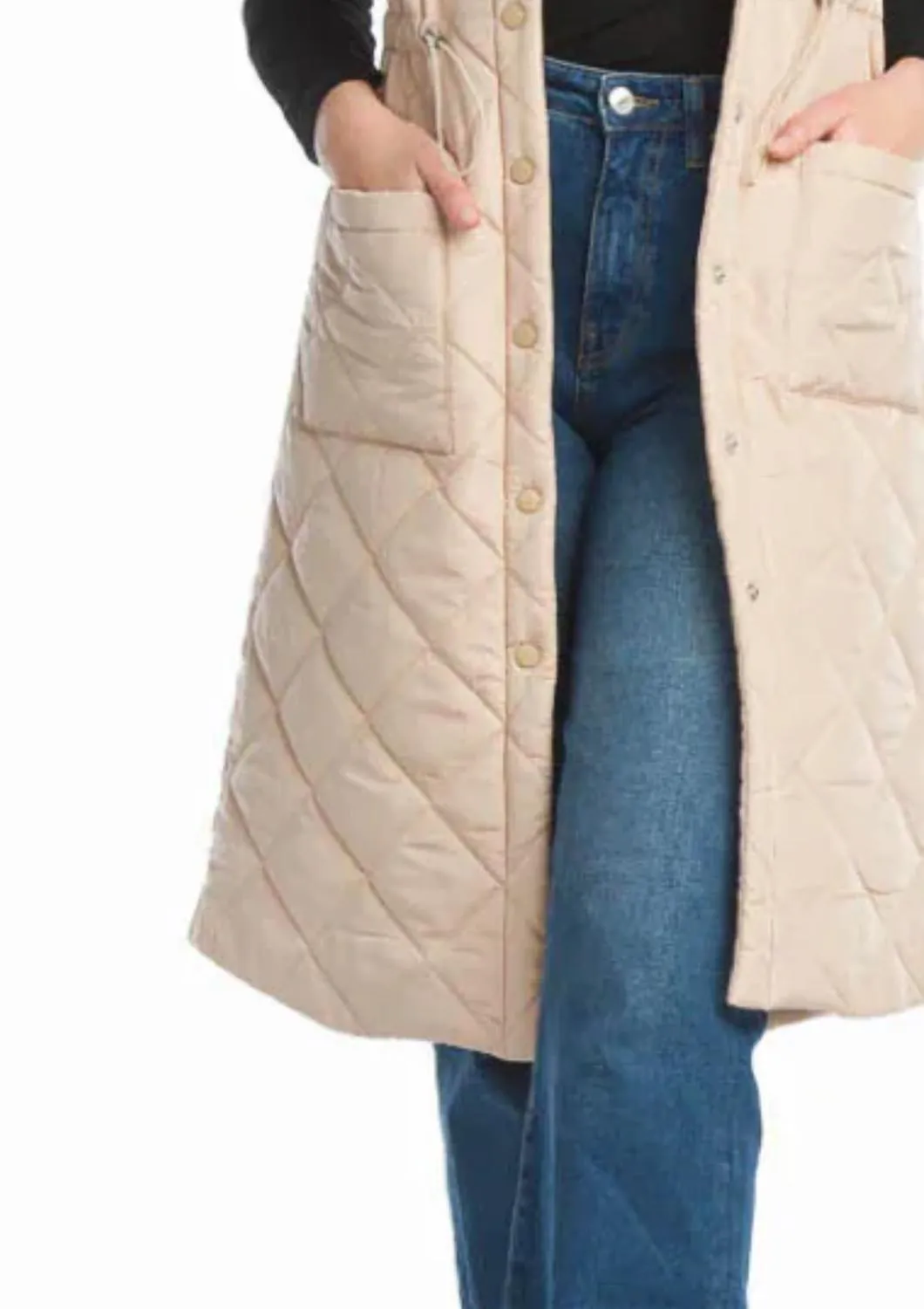 Katie Quilted Longline Vest In Beige