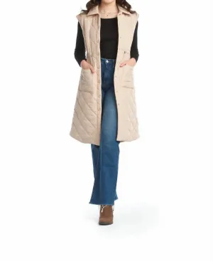 Katie Quilted Longline Vest In Beige