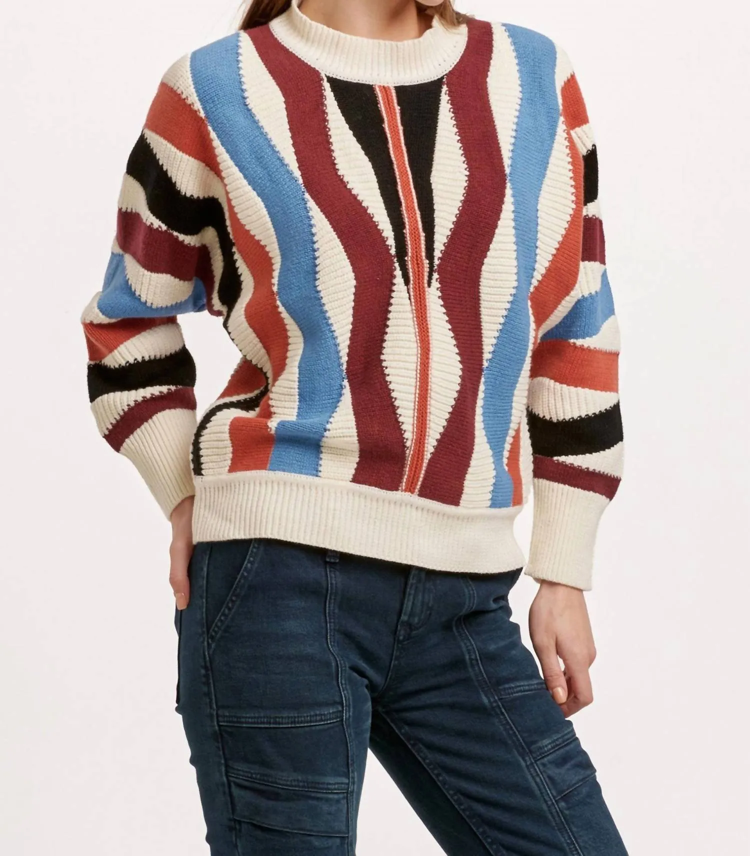 Kaylin Crew Neck Long Sleeve Sweater Zig Zag In Multi Colored
