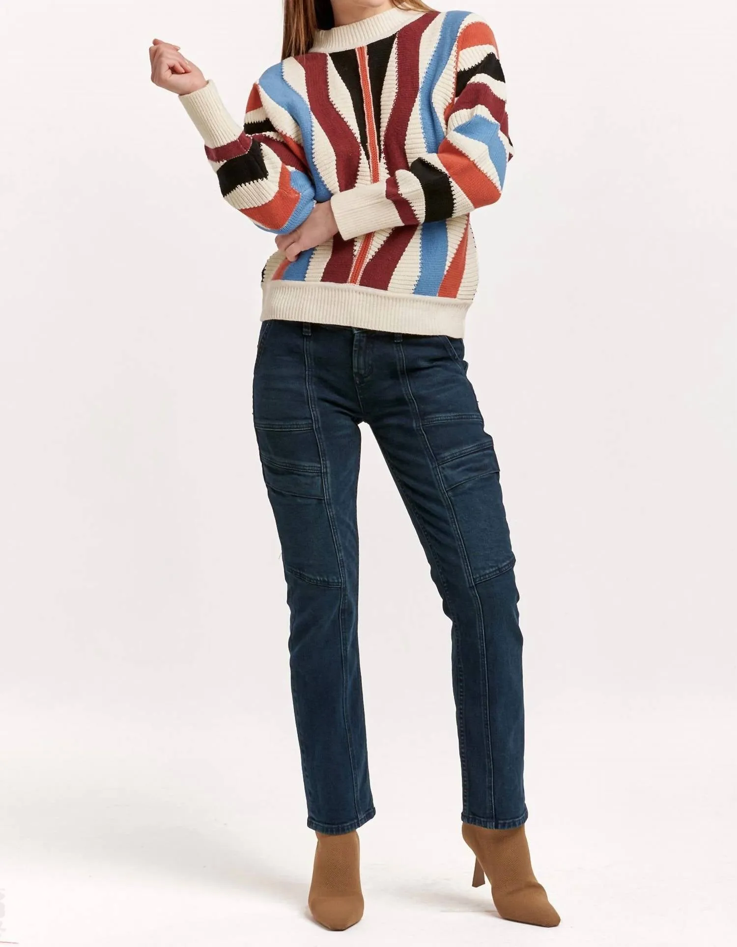 Kaylin Crew Neck Long Sleeve Sweater Zig Zag In Multi Colored