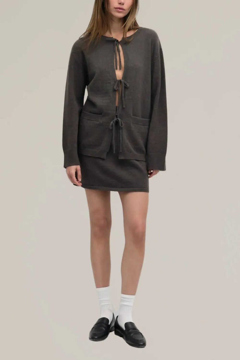 Knit Sweater Tie Front Cardigan In Charcoal