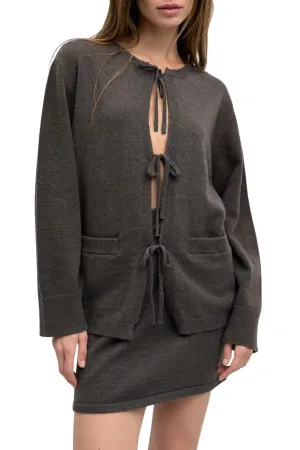 Knit Sweater Tie Front Cardigan In Charcoal