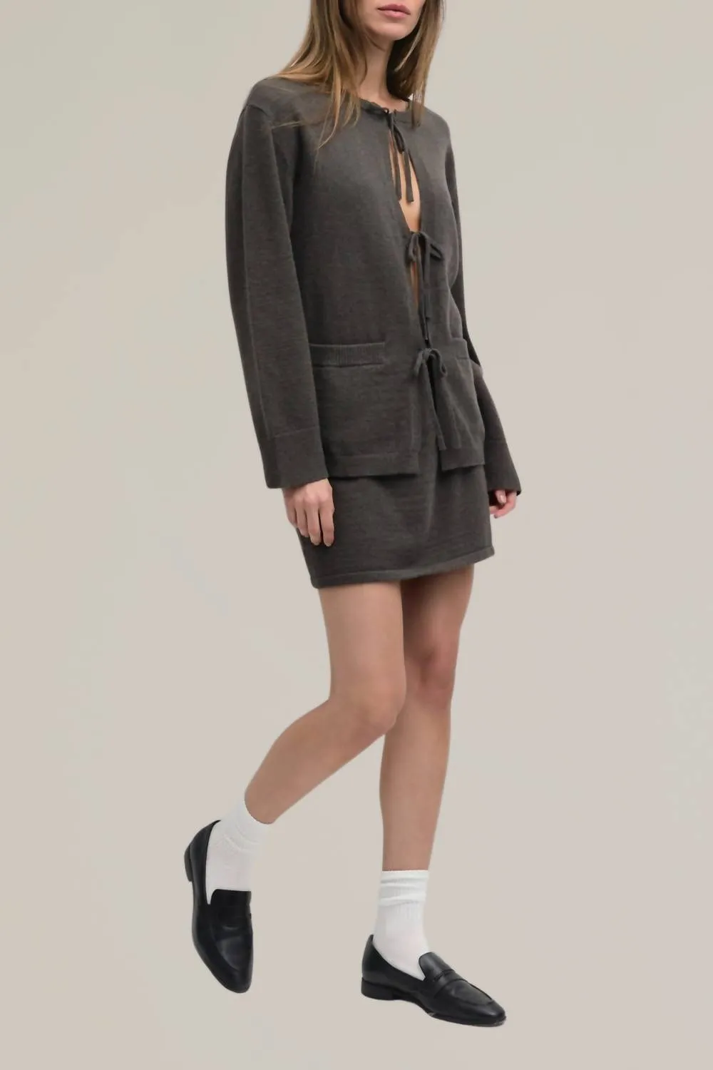 Knit Sweater Tie Front Cardigan In Charcoal