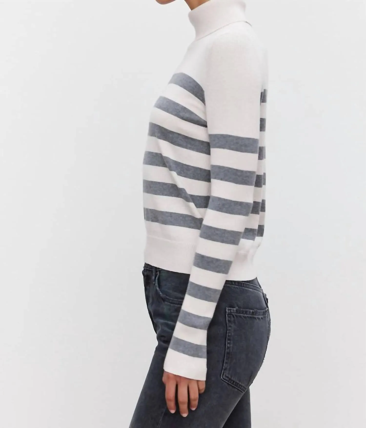 Korie Striped Lux Turtleneck Sweater In Chalk/medium Heather Grey