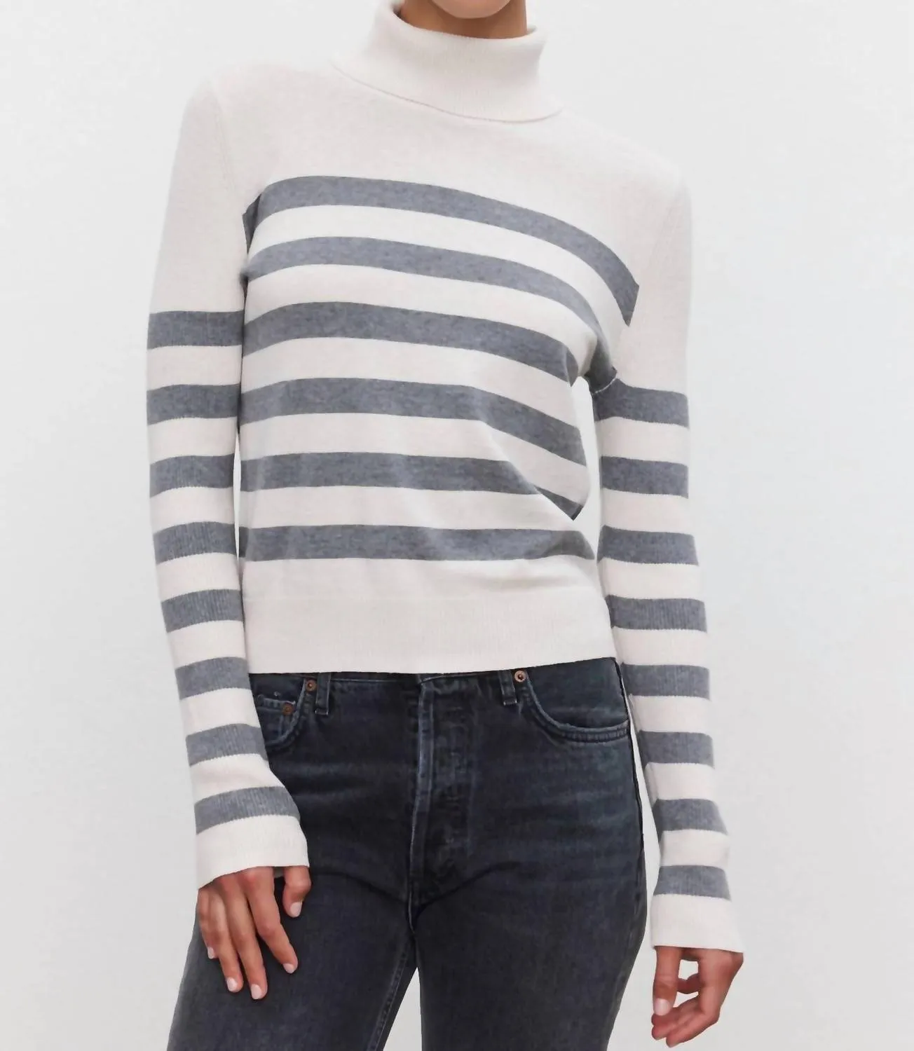 Korie Striped Lux Turtleneck Sweater In Chalk/medium Heather Grey