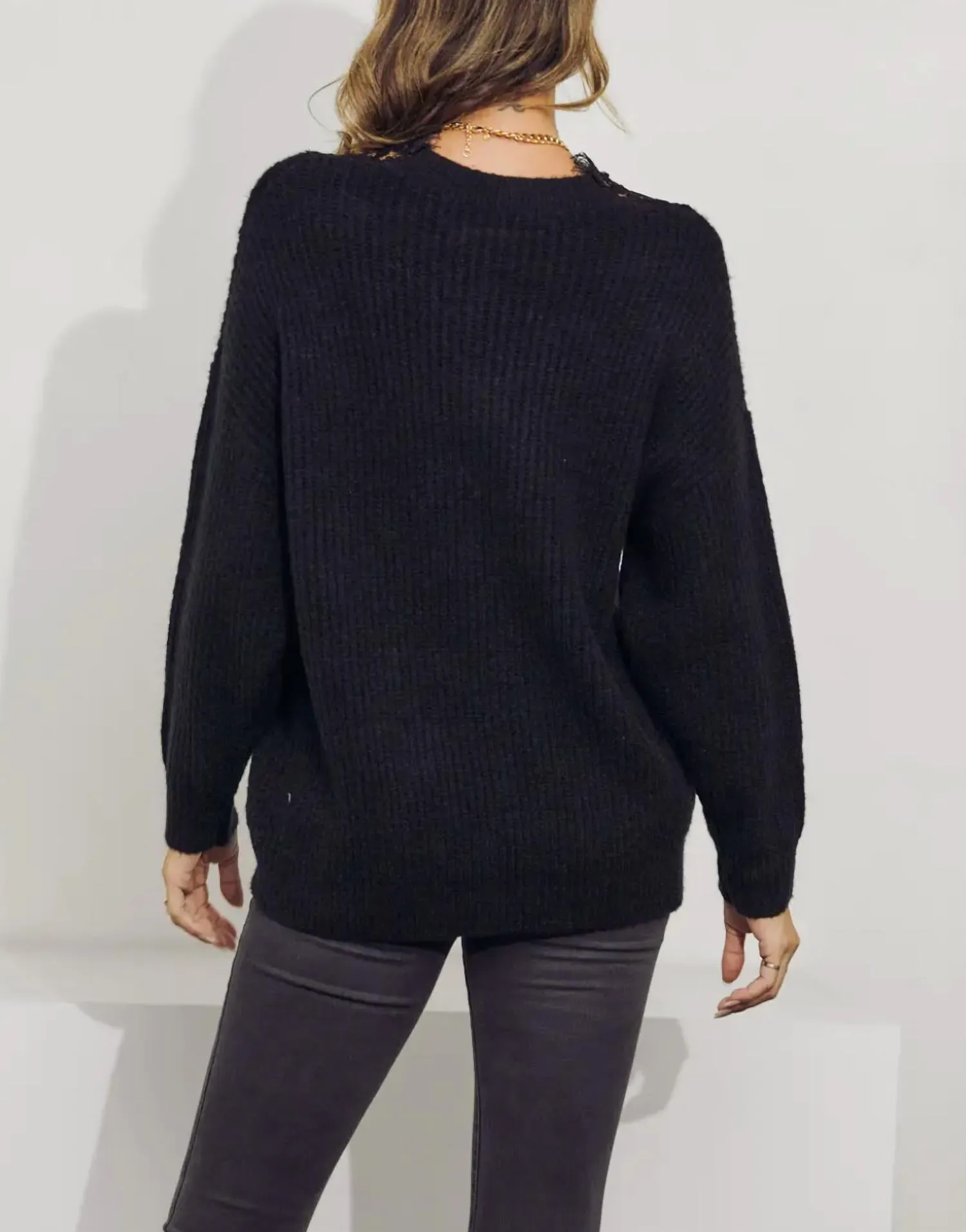 Lace-Trimmed Knit Sweater In Black