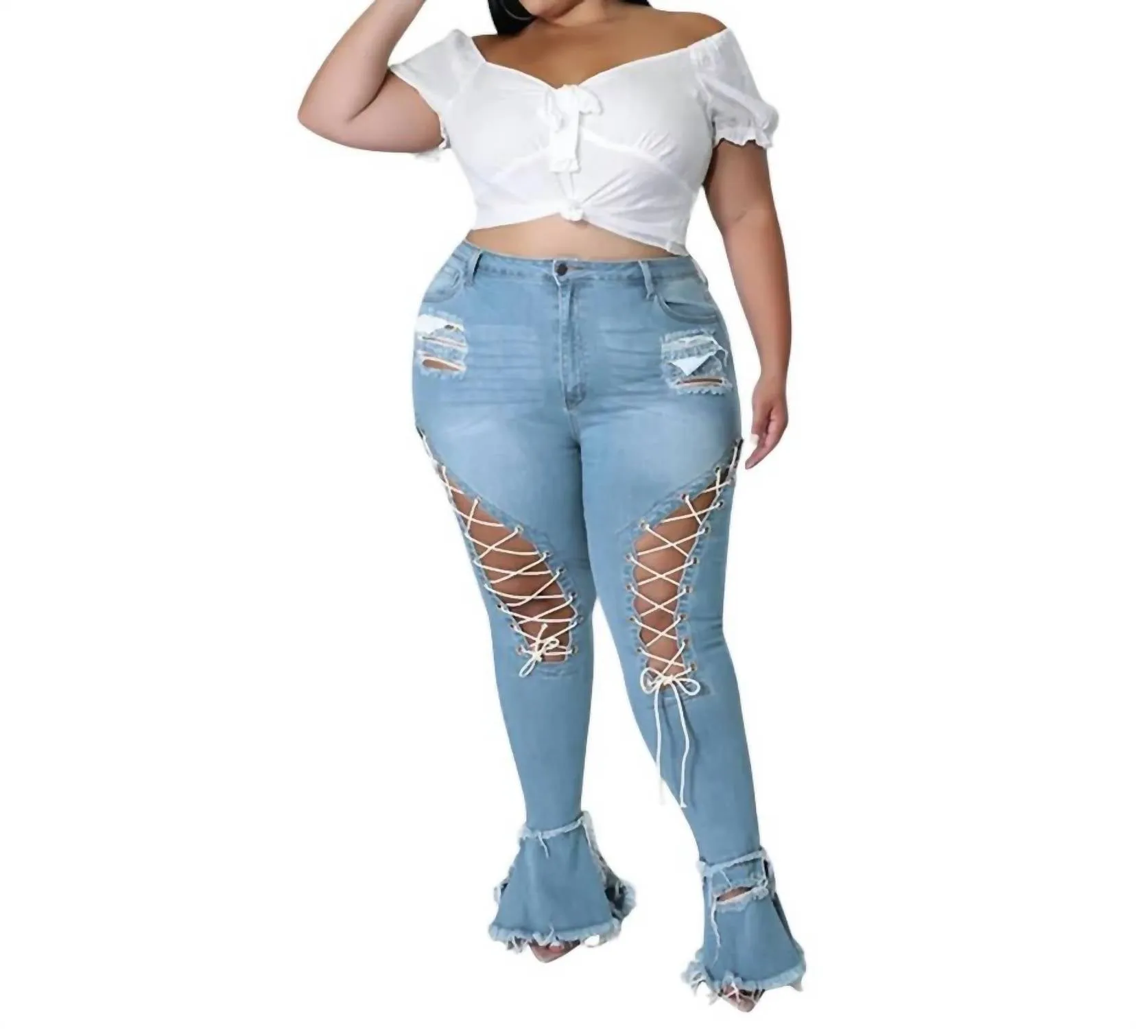 Lace Up Jeans In Medium Blue