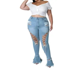 Lace Up Jeans In Medium Blue