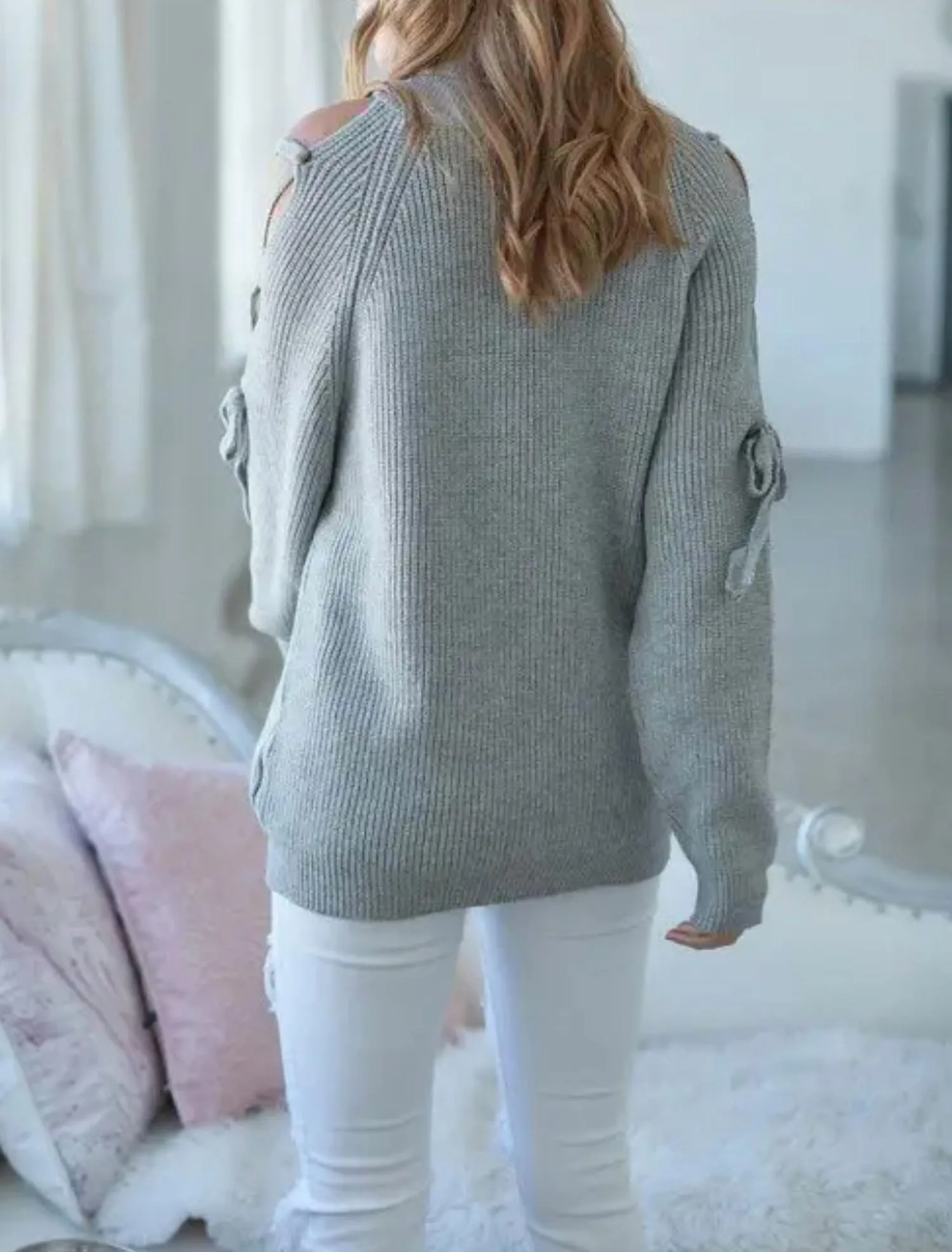 Lace-Up Shoulder Sweater In Heather Grey