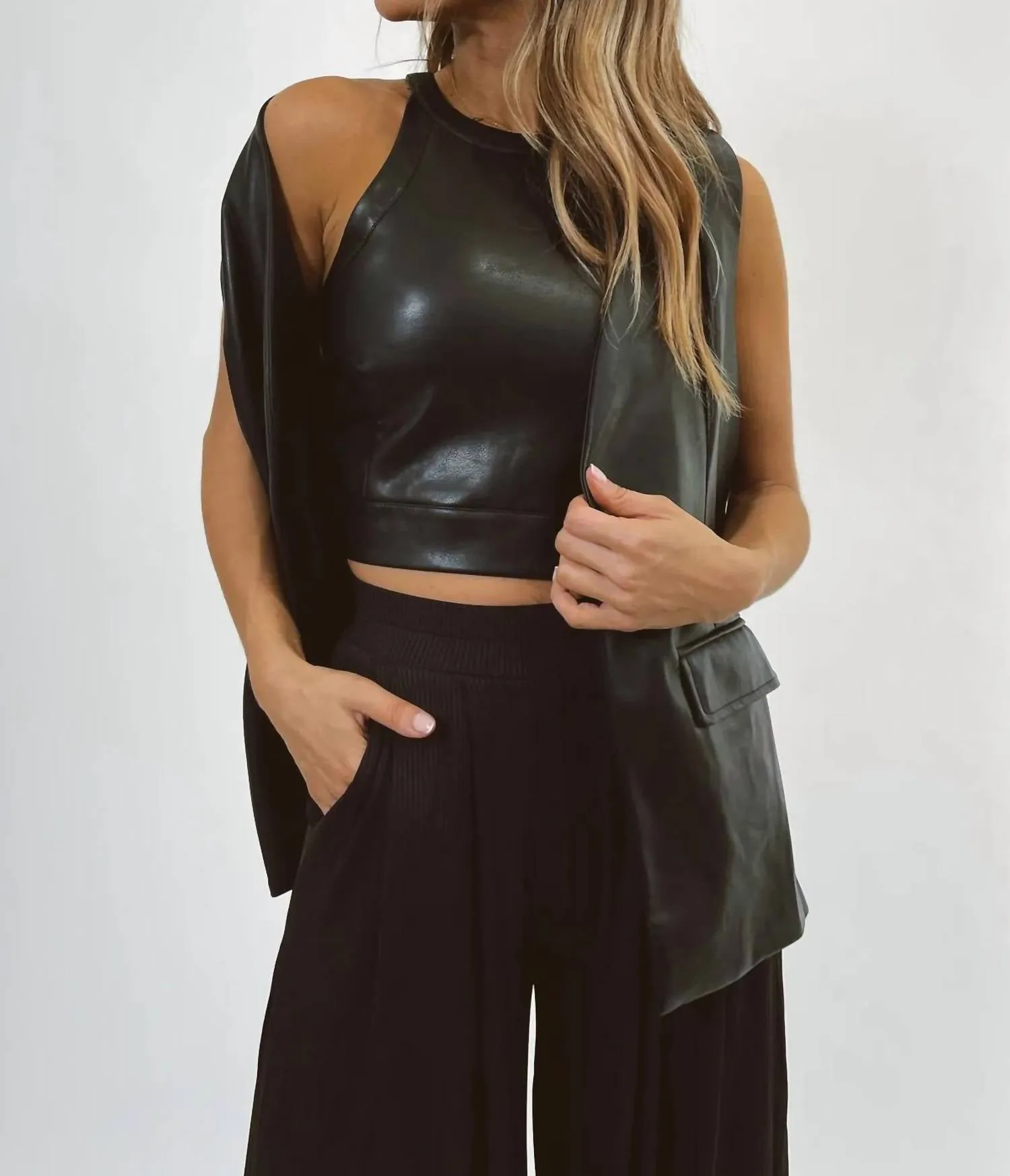 Laci Leather Halter Crop And Vest Set In Black