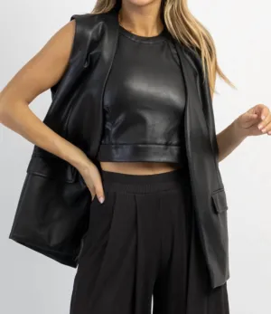 Laci Leather Halter Crop And Vest Set In Black