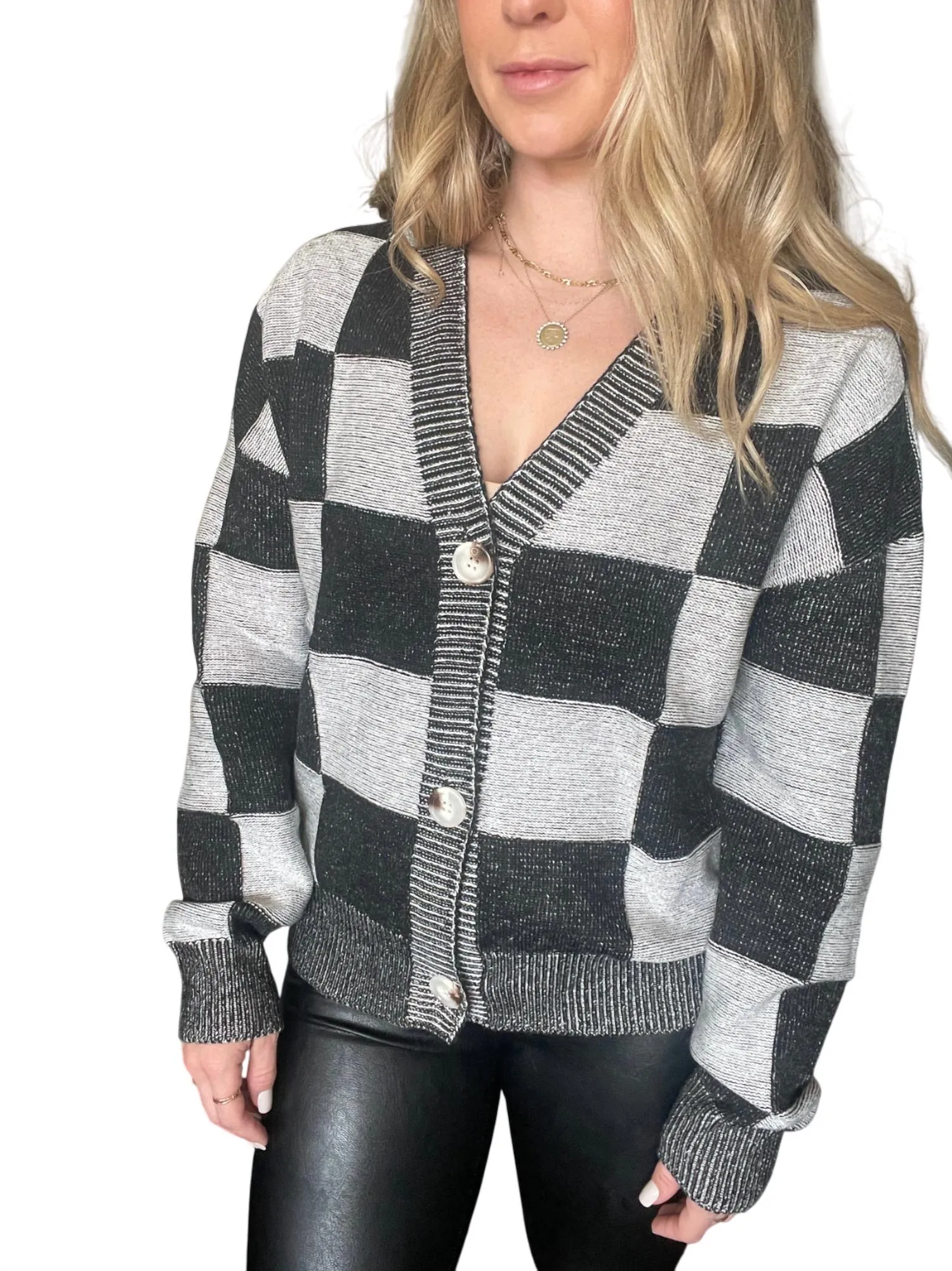 Lainey Checkered Cardigan In Black