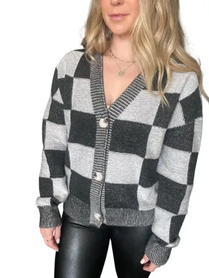 Lainey Checkered Cardigan In Black