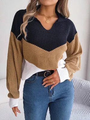Lapel Contrast Pullover Sweater In Khaki
