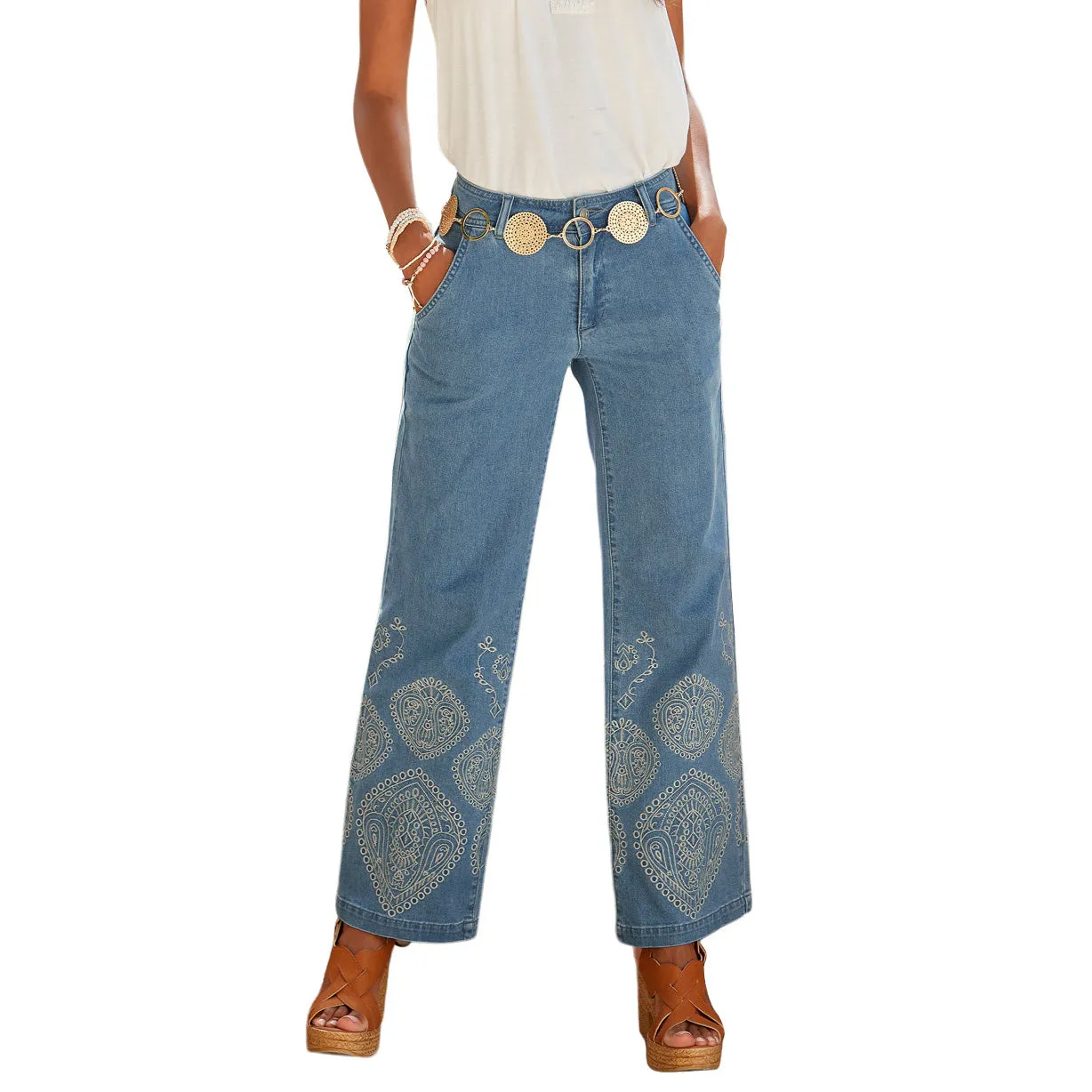 LASCANA Women's Embroidered Wide Leg Jeans