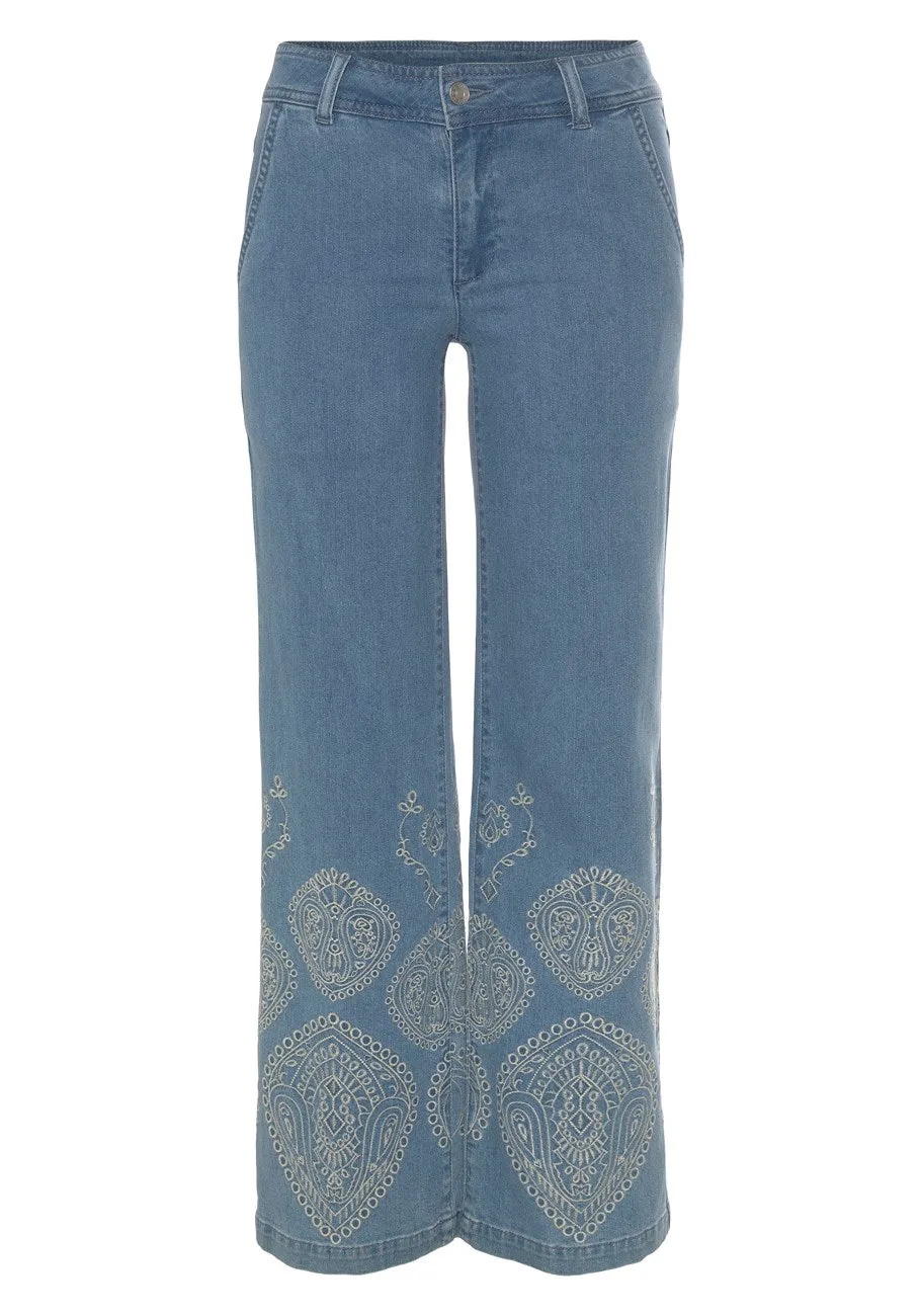 LASCANA Women's Embroidered Wide Leg Jeans