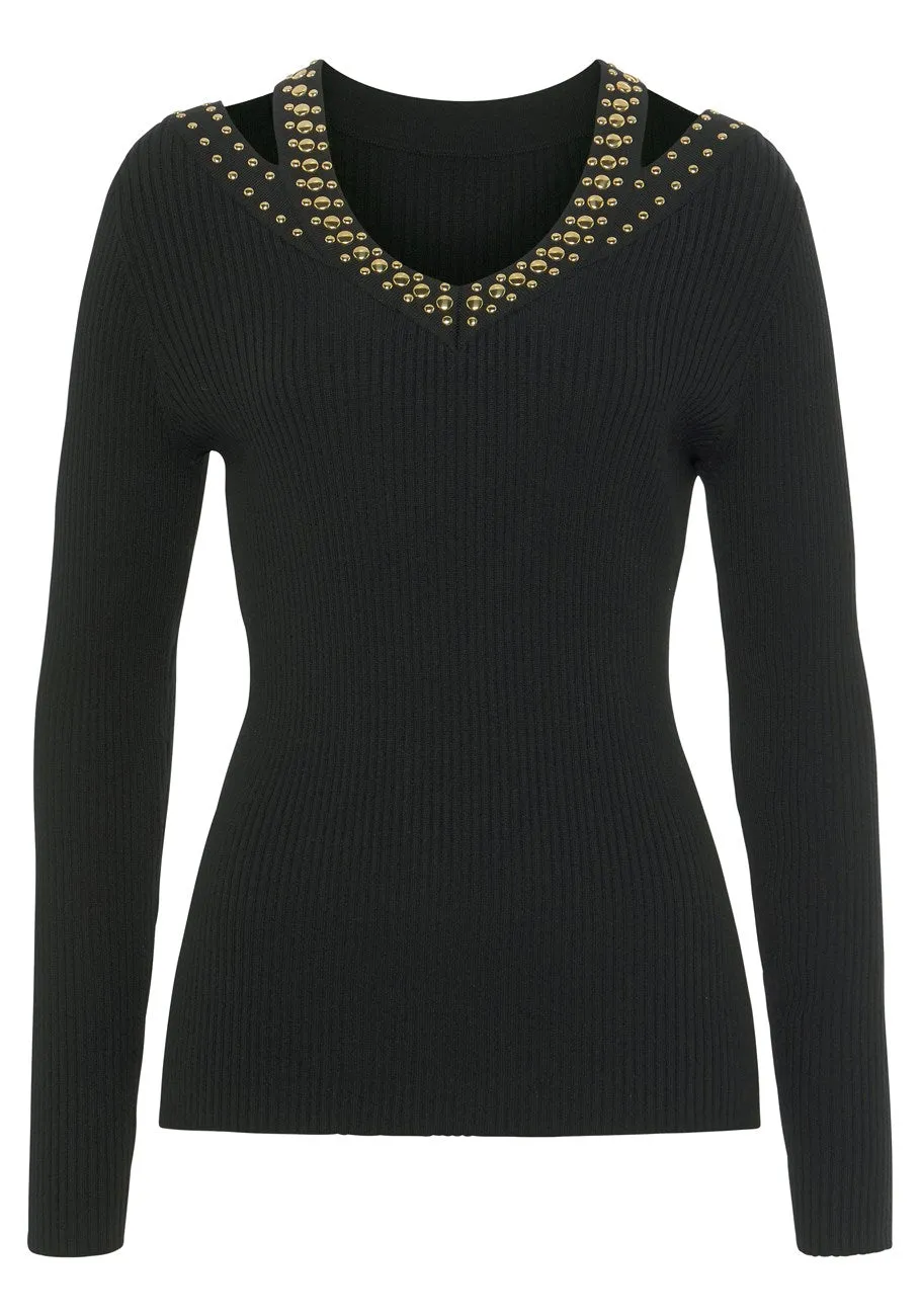 LASCANA Women's Studded V-Neck Sweater