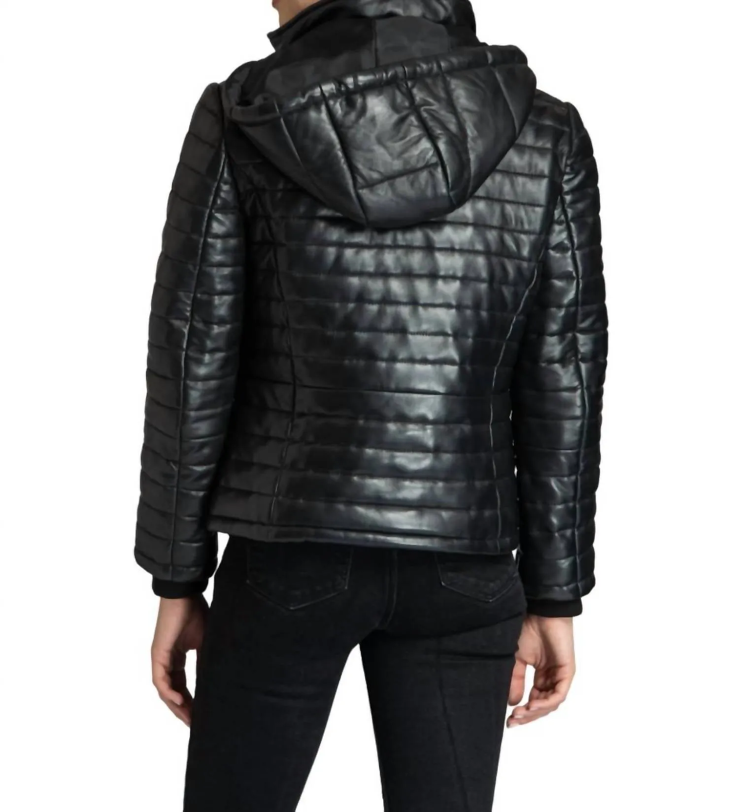 Leather Puffer Jacket With Detachable Hood In Black