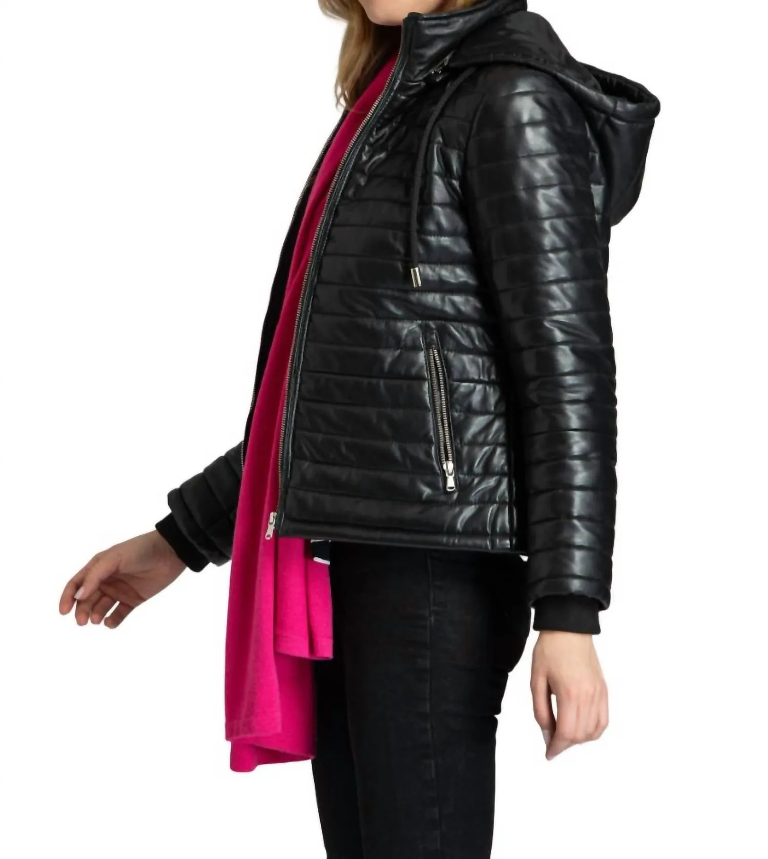 Leather Puffer Jacket With Detachable Hood In Black