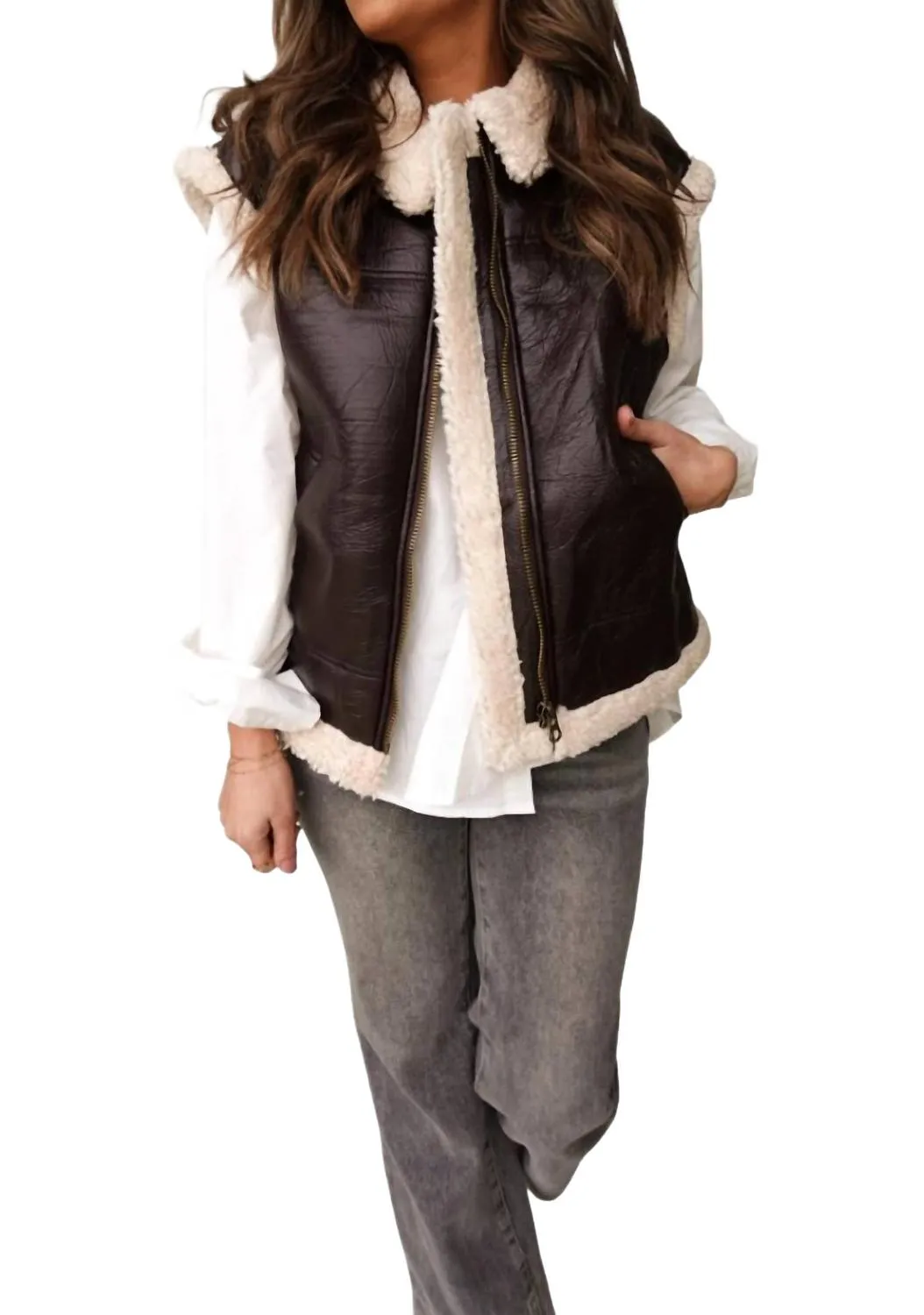 Leather Vest With Sherpa Lining In Dark Brown